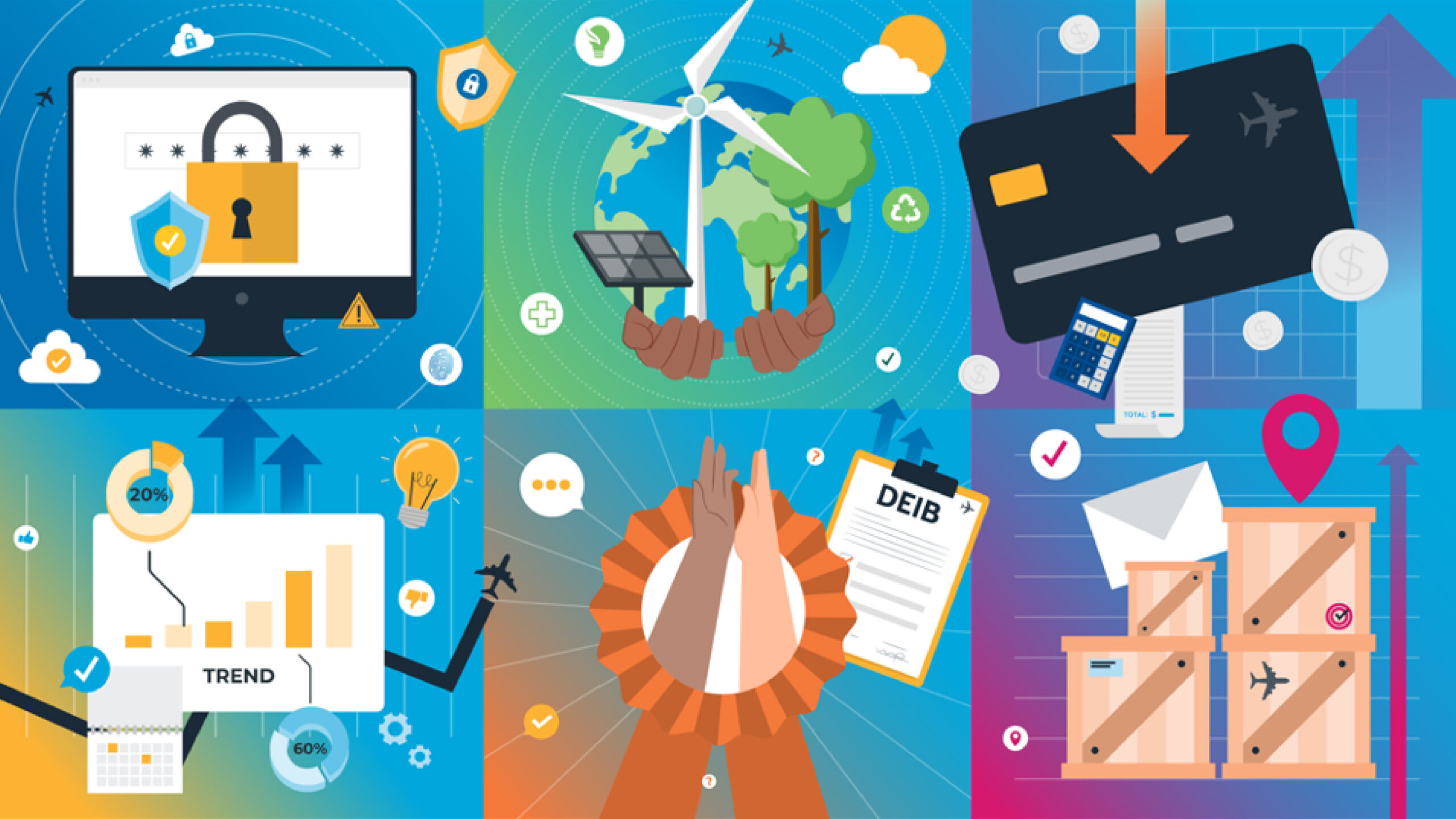 NAV CANADA illustration of icons for security, energy, data and travel