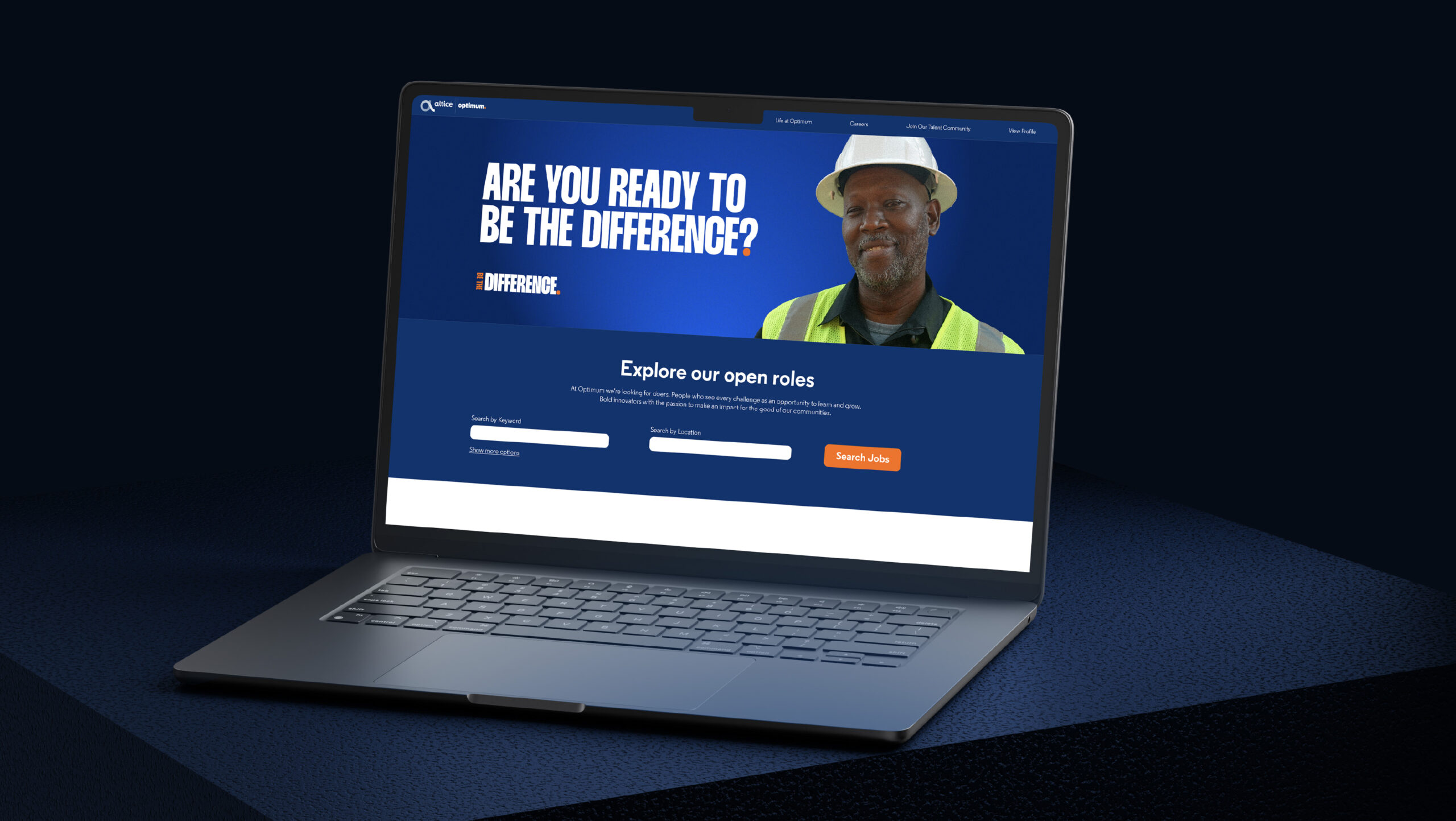 Laptop showing an Optimum careers page asking 'Are you ready to be the difference?'
