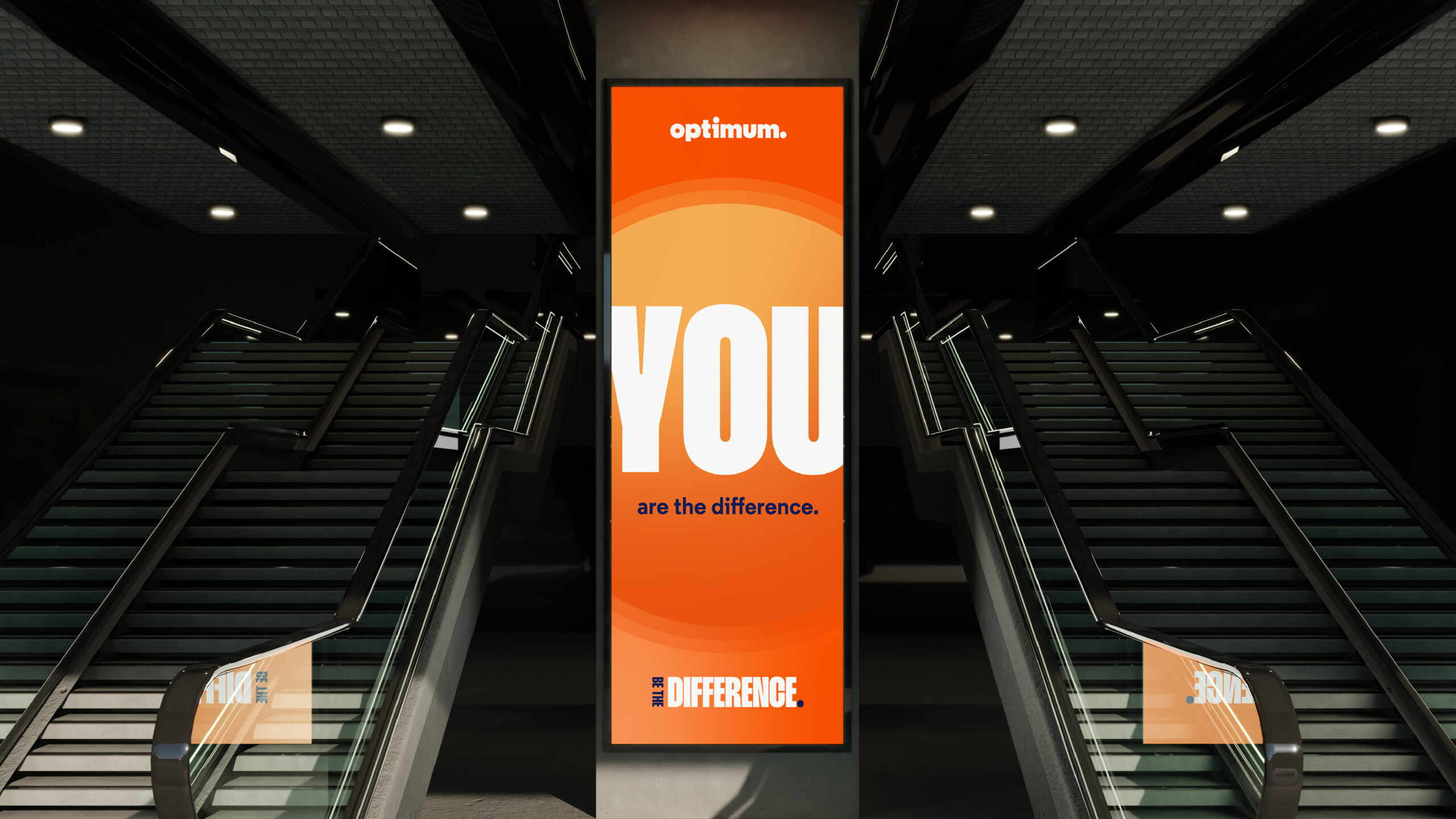 Large orange 'YOU' banner in an office atrium for Optimum