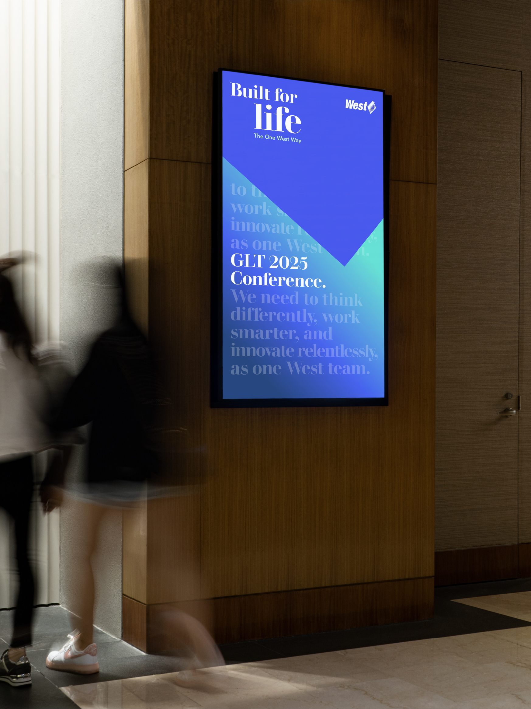 Digital screen showing West 'Built for life' branding