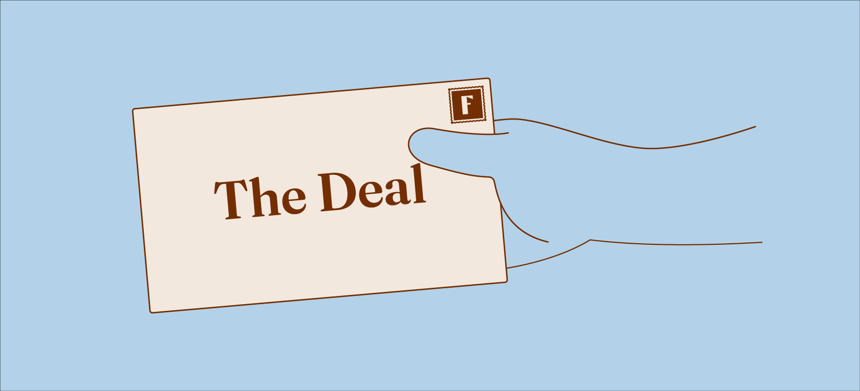 Illustration of a hand holding a tag labelled 'The Deal'