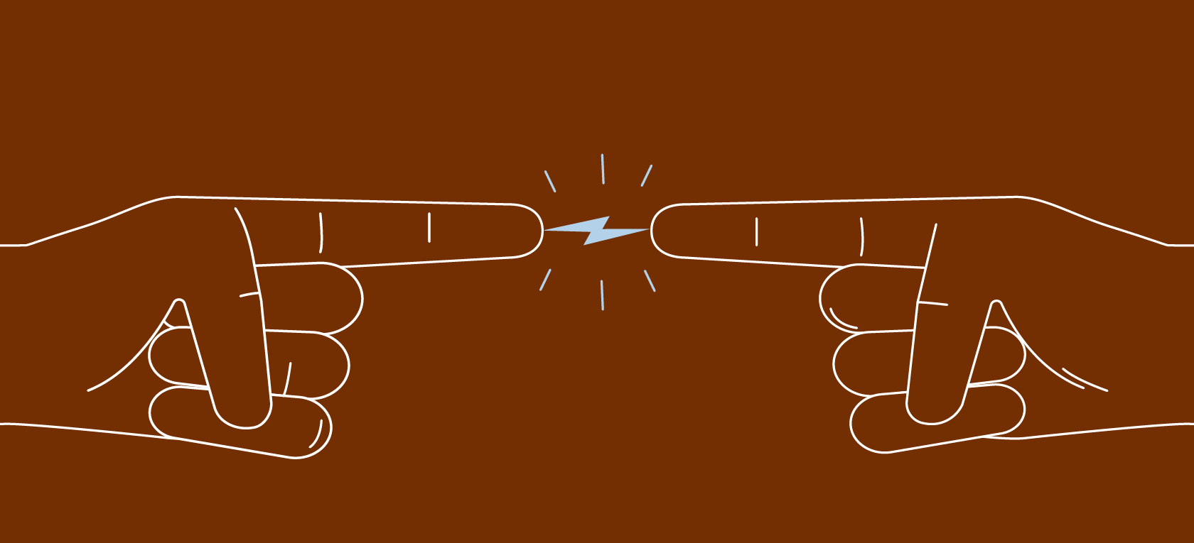 Illustration of two pointing hands almost touching, with a spark between them